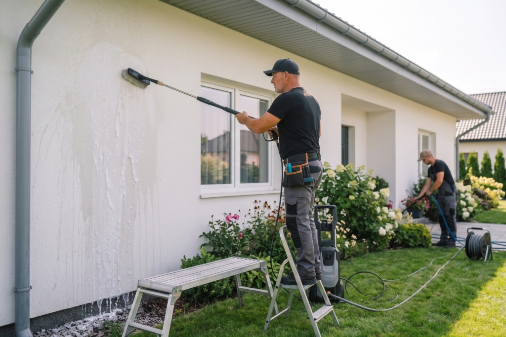 Malerarbeiten an einer Hausfassade bei der Hausrenovierung