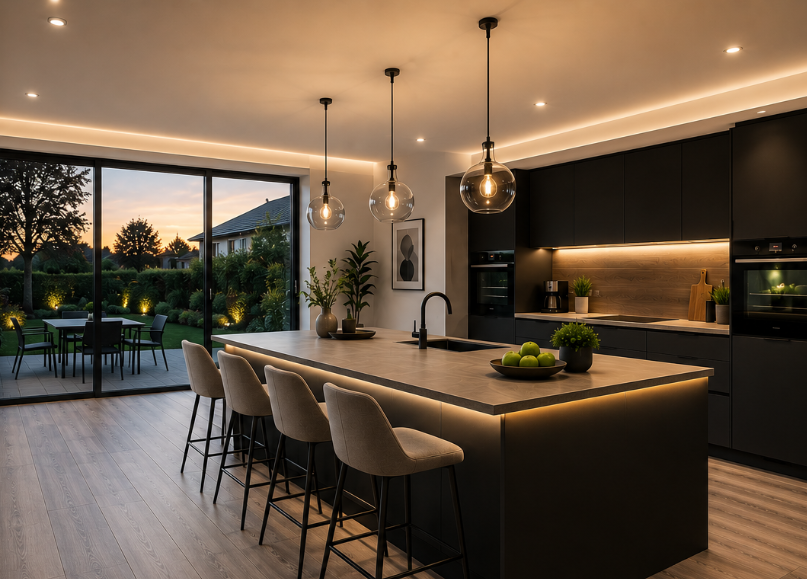 Moderne Einbauküche mit Kücheninsel nach der Küchenmontage